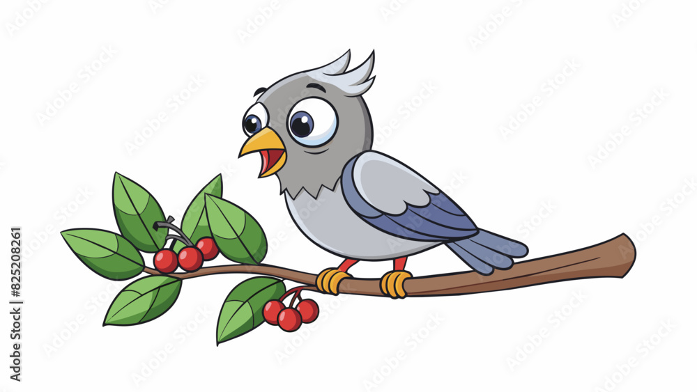 Poster On a nearby tree branch I spot a small wideeyed bird with a sleek plumage of gray and white. Its beak is short but sy and it flits around with quick. Cartoon Vector.