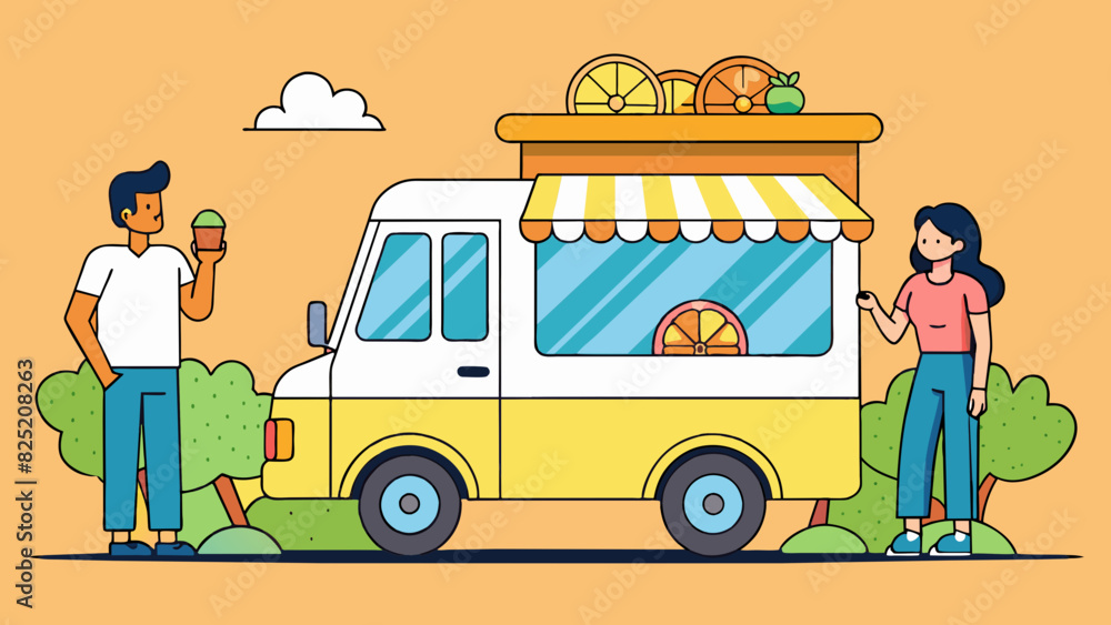 Poster on a warm summer day a couple was standing in front of an ice cream truck trying to decide what flav