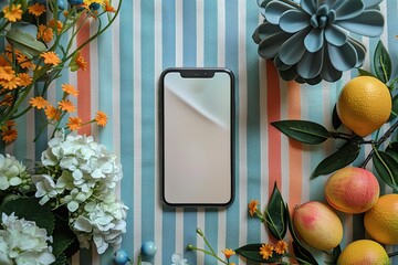 A cell phone is sitting on a table with a bunch of flowers and fruit
