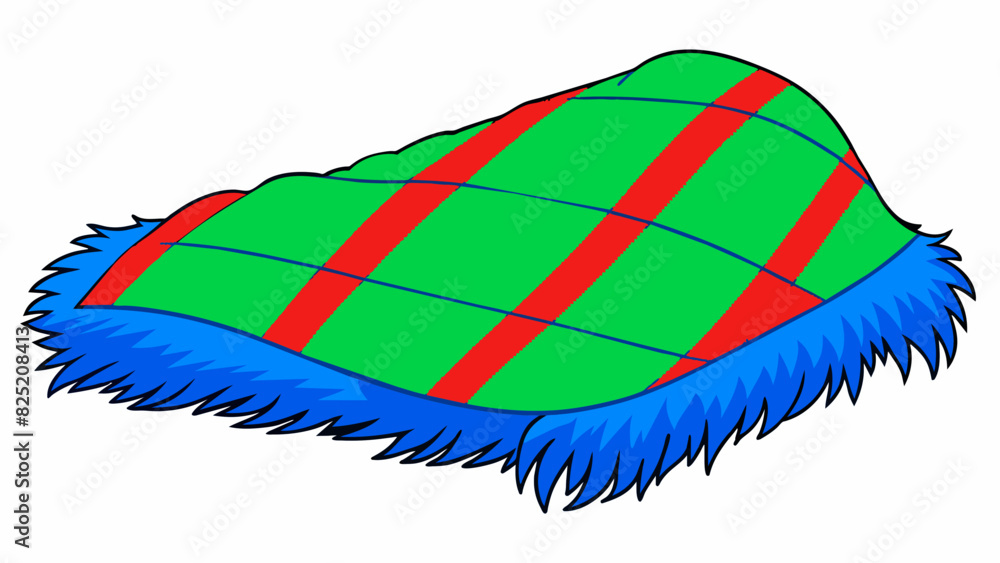 Poster Picture a soft fluffy blanket with a plaid pattern of blue green and red. It is made of a fuzzy material and has fringed edges.. Cartoon Vector.