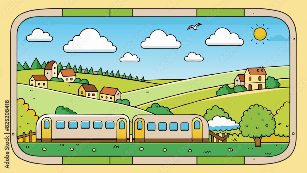 Poster peering through the window of a train one can catch glimpses of quaint villages and rolling hills do
