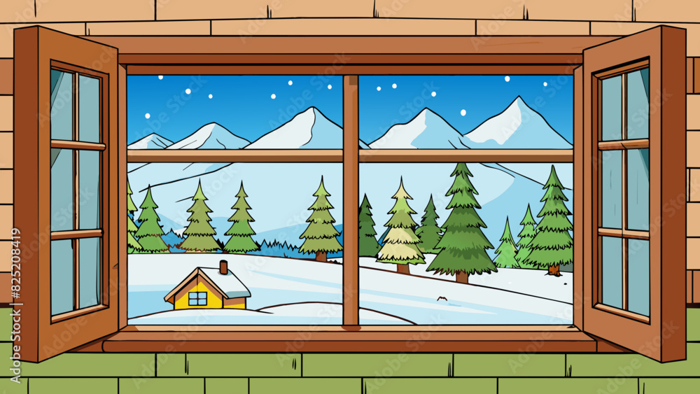 Poster Peering out from the window of a cozy cabin you take in the snowcovered view of a wintry wonderland. Tall snowcapped mountains rise majestically in. Cartoon Vector.