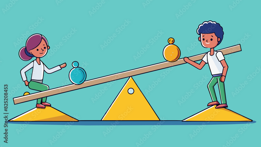 Poster principle of balance two people on opposite ends of a seesaw each person with equal weight and dista