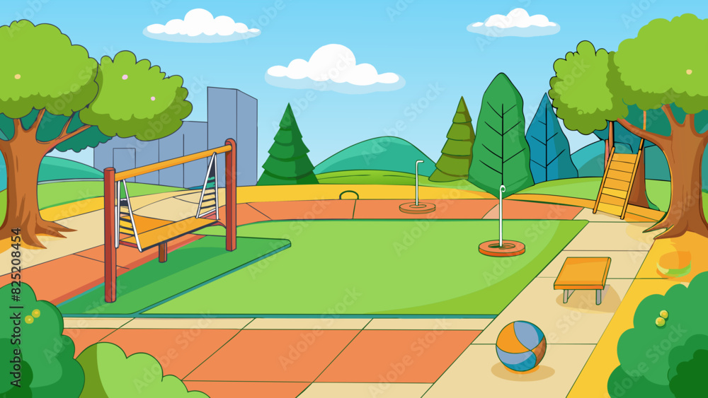 Aufkleber Playground An open area with a grassy field and various playground equipment such as swings slides and monkey bars. There are also basketball and. Cartoon Vector.