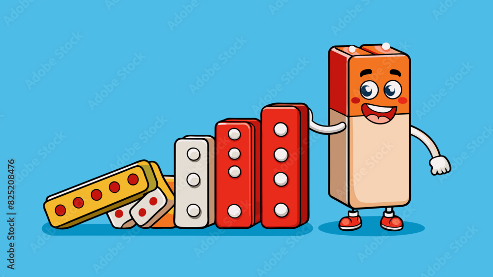 Poster Principle of Cause and Effect A domino standing upright able to topple over and knock down a series of other dominos when pushed.. Cartoon Vector.