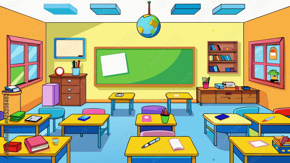 Aufkleber provision of education a brightly colored classroom with colorful educational posters and books lini