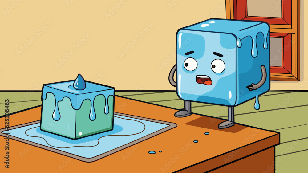 Poster Proving an ice cube is melting by leaving it out at room temperature and watching it turn from solid to liquid.. Cartoon Vector.