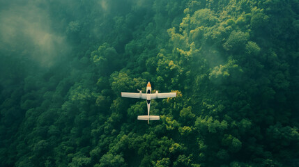 Fototapeta premium Top view of a small private plane flying over the green jungle. Airplane flies over the dense forest on hills.