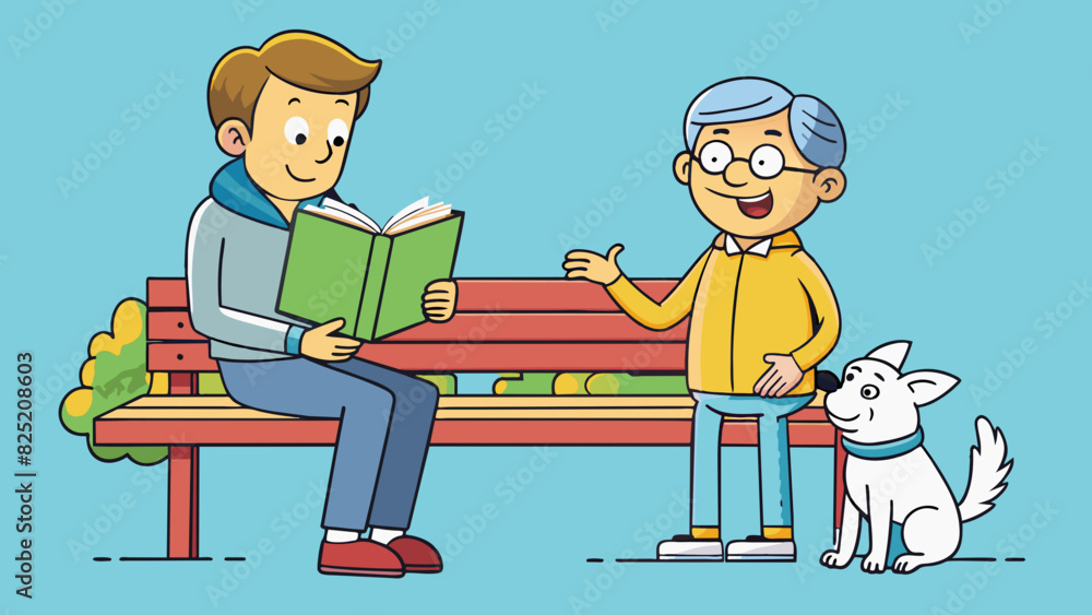 Poster Sharing a book with a stranger A person sitting on a bench reading a book is approached by a stranger who asks to borrow it. The person willingly. Cartoon Vector.
