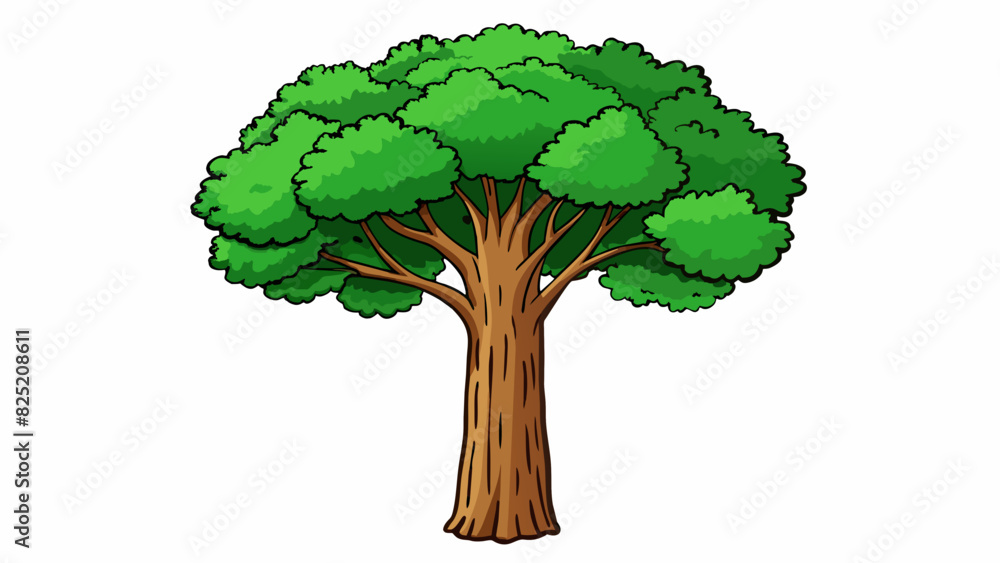 Poster Shall is a tall slender tree with deep green leaves and a thick trunk. Its branches reach upwards towards the sky creating a lush canopy of shade. Cartoon Vector.