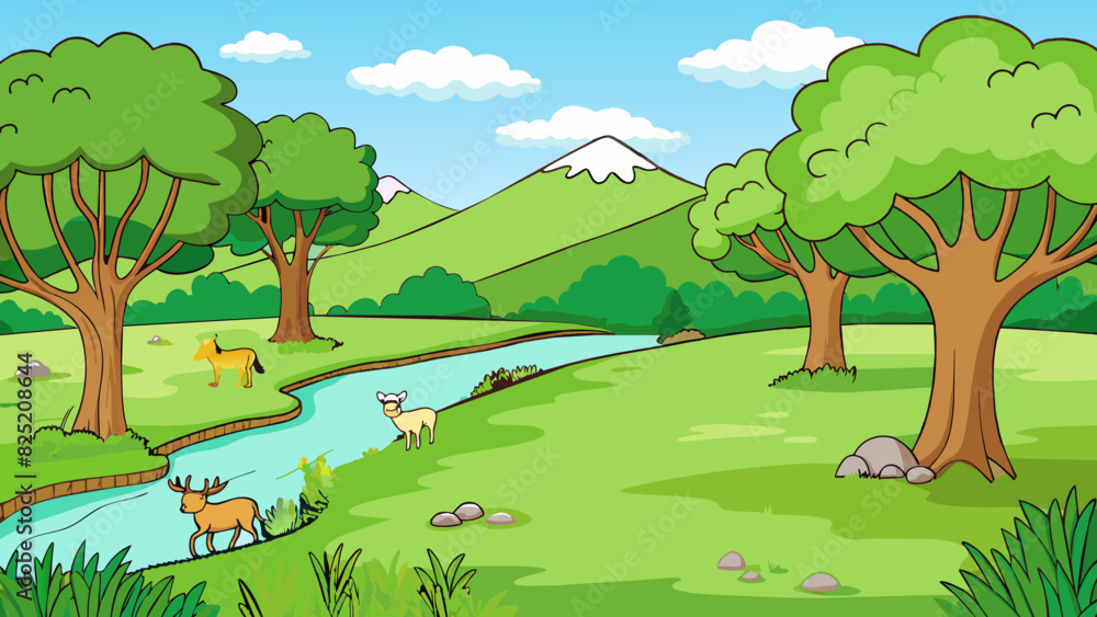 Poster serenity picture a peaceful meadow with lush green grass and a gentle breeze rustling through the tr