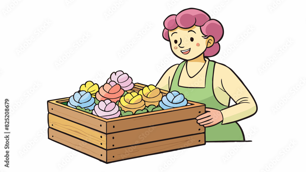Poster She carefully p each delicate pastelcolored flower into the rustic wooden crate creating a charming centerpiece for her dinner party.. Cartoon Vector.