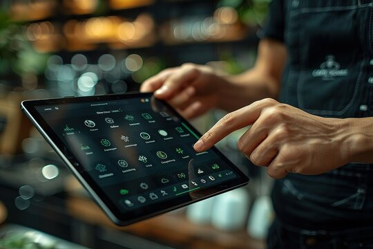 A man is holding a tablet with a green screen