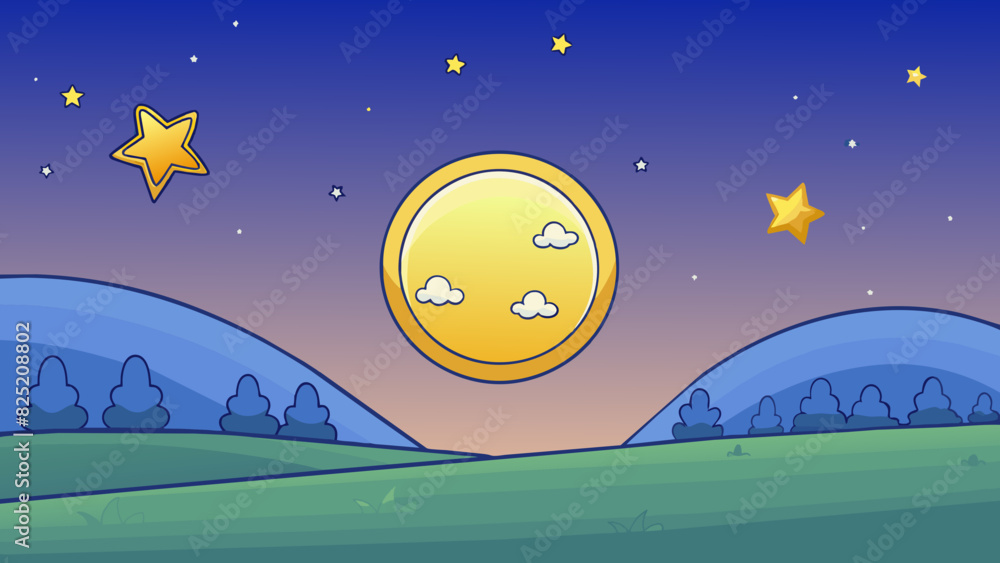 Poster Since the sun set the sky has turned a deep shade of navy blue. The stars have started to le and the moon is shining brightly casting a soft glow on. Cartoon Vector.