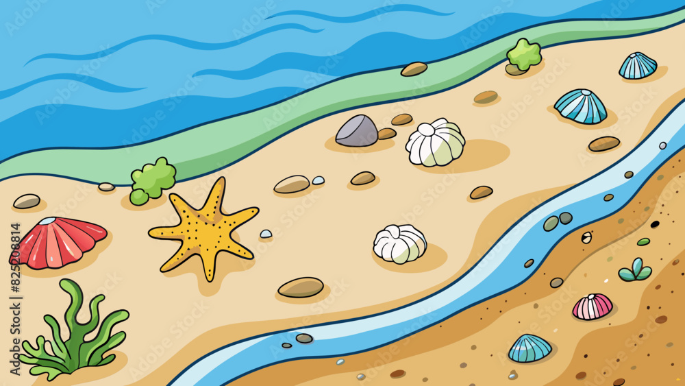 Poster soft warm sand gives way to cool salty water as a gentle slope leads toward the sea. a colorful arra