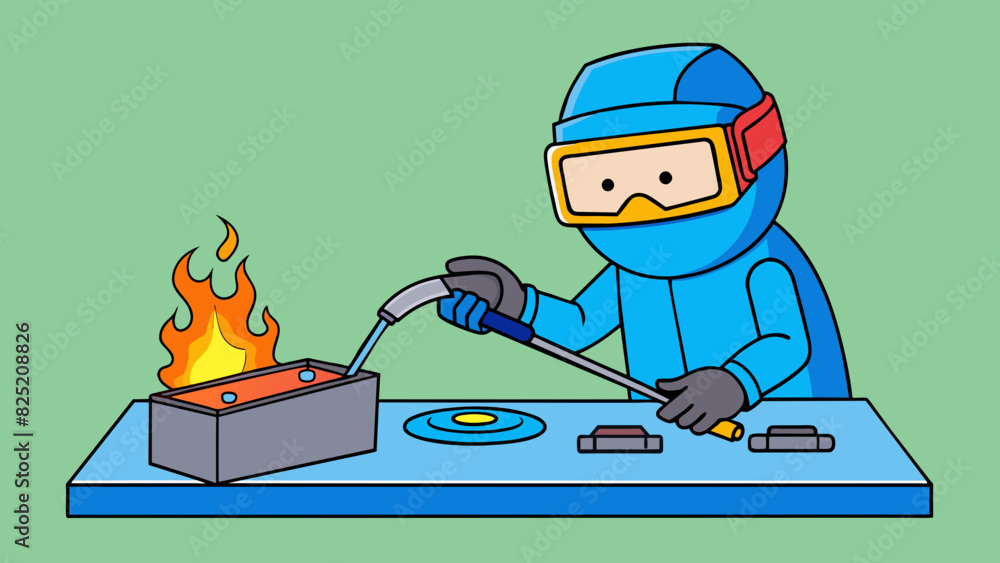 Poster Soldering The process of using a heated tool to melt and join two metal surfaces together. The tool has a narrow tip and emits a blue flame when. Cartoon Vector.