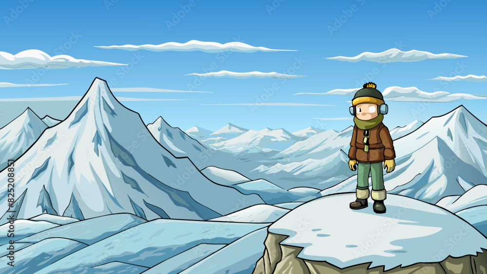 Poster standing on a snowcapped mountaintop looking out to a vast expanse of untouched wilderness. the cold