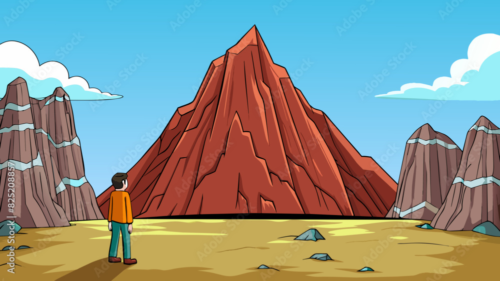Poster standing at the base of the large mountain one could feel the cool crisp air and see the rocky cliff