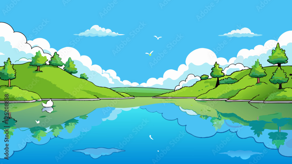 Aufkleber standing at the edge of a calm lake one can see a reflection of a clear blue sky with fluffy white c