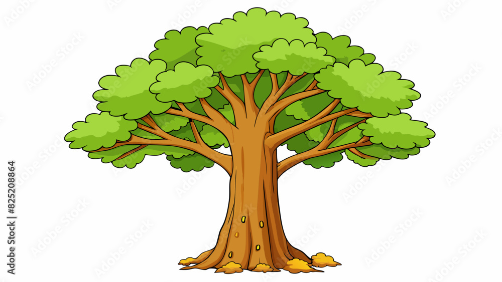 Poster Suppose you are walking in a park and see a large leafy tree with a trunk that has peeling rough bark. The leaves are vibrant green and some are. Cartoon Vector.