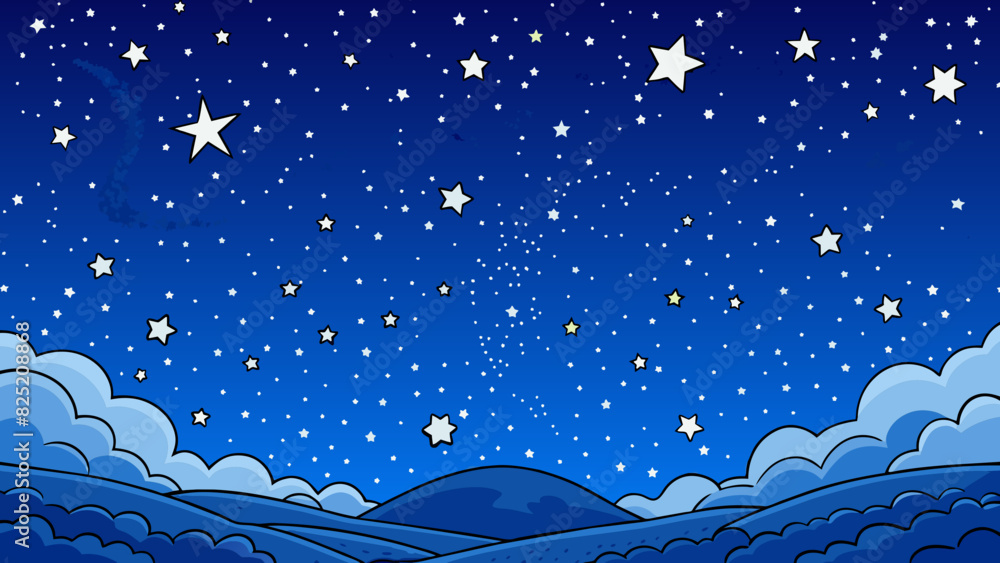 Poster starry night sky a vast expanse of deep blue dotted with ling stars of varying sizes. the moon shine