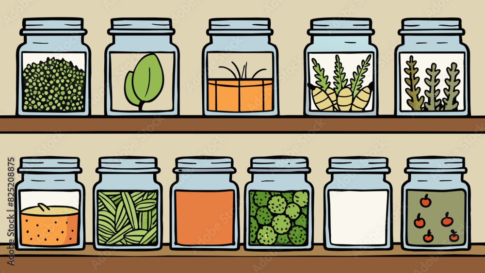 Poster Stacked neatly on the shelf were jars of es each one labeled with a handwritten name and picture of the herb inside.. Cartoon Vector.