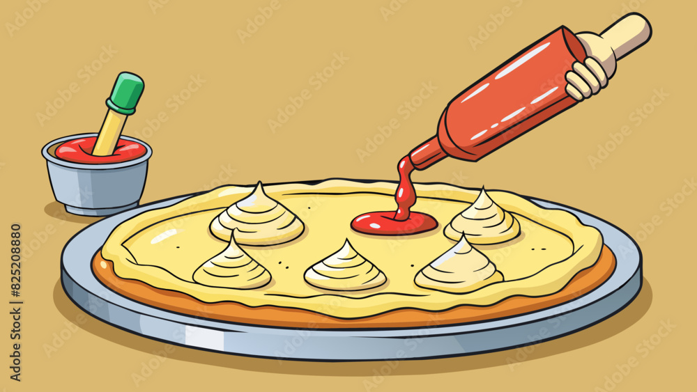 Poster spread sauce evenly over the dough and add desired toppings.. cartoon vector.