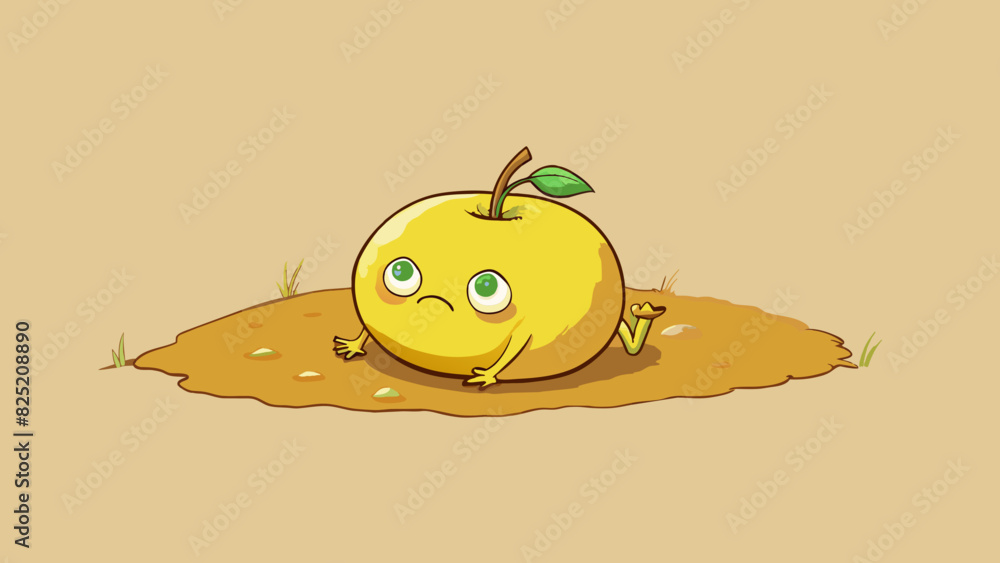 Poster Suppose you come across a small round yellow fruit lying on the ground. It is smooth and firm to touch with a stem protruding from the top.. Cartoon Vector.