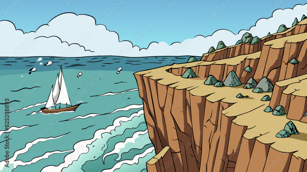 Poster standing on a cliff the jagged rocks below seem to stretch for miles. the ocean crashes against them