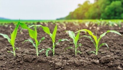 Obraz premium Sprouts of young corn plants growing on the field fertile soil