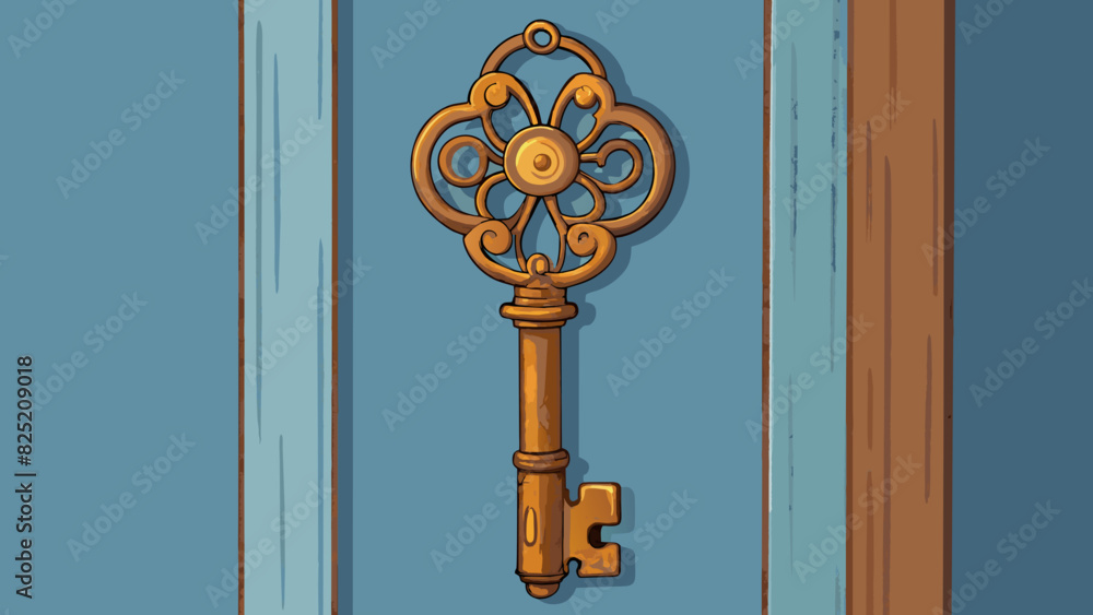 Poster The ancient rusted key hangs on a hook by the door its intricate design worn down by years of use.. Cartoon Vector.