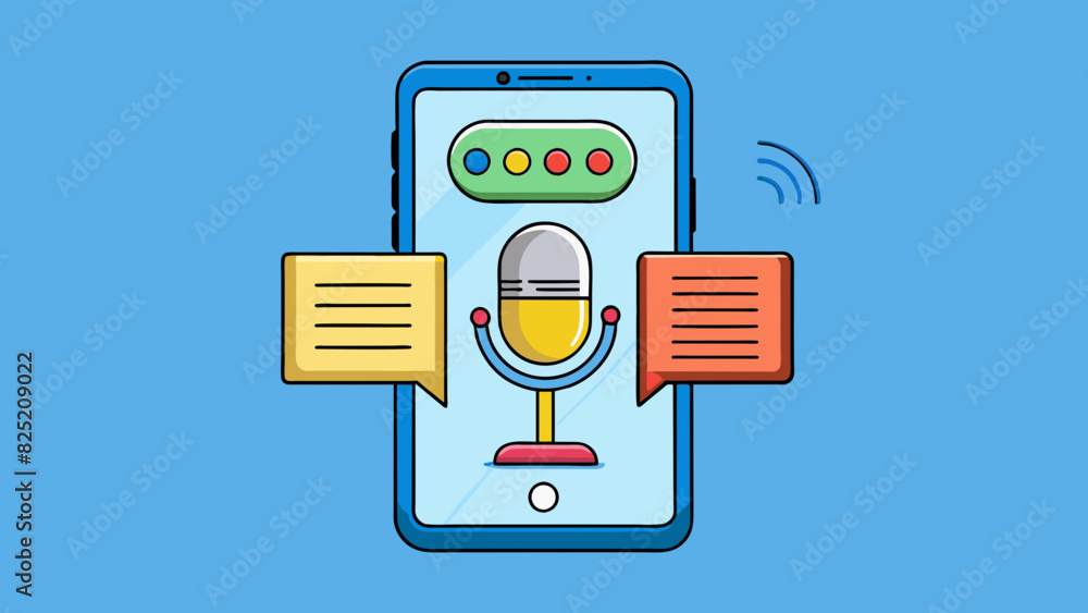 Aufkleber The app responded to the users voice commands by displaying relevant information on the screen. The app icon was a speech bubble with a microphone. Cartoon Vector.