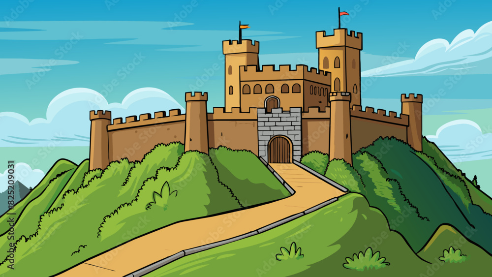 Poster the ancient castle stood atop a hill with its tall stone walls and tall towers reaching towards the 