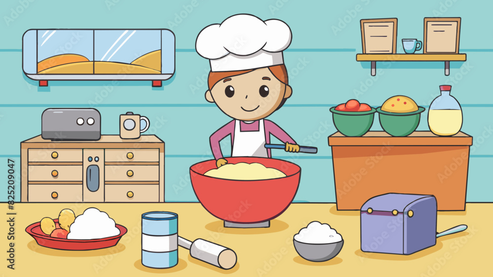 Poster the baker carefully measured out the ingredients for her new recipe and mixed them together in a lar