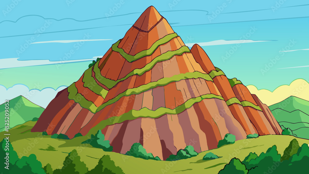 Poster The aspect of a mountain is steep and jagged with layers of various colored rocks creating a rugged appearance. It is covered in thick lush greenery. Cartoon Vector.