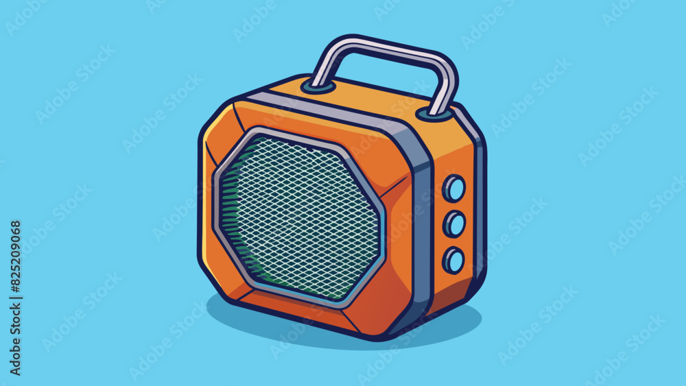 Poster The article is a compact portable speaker with a geometric design. It has a matte finish and is available in various colors. It can connect to devices. Cartoon Vector.