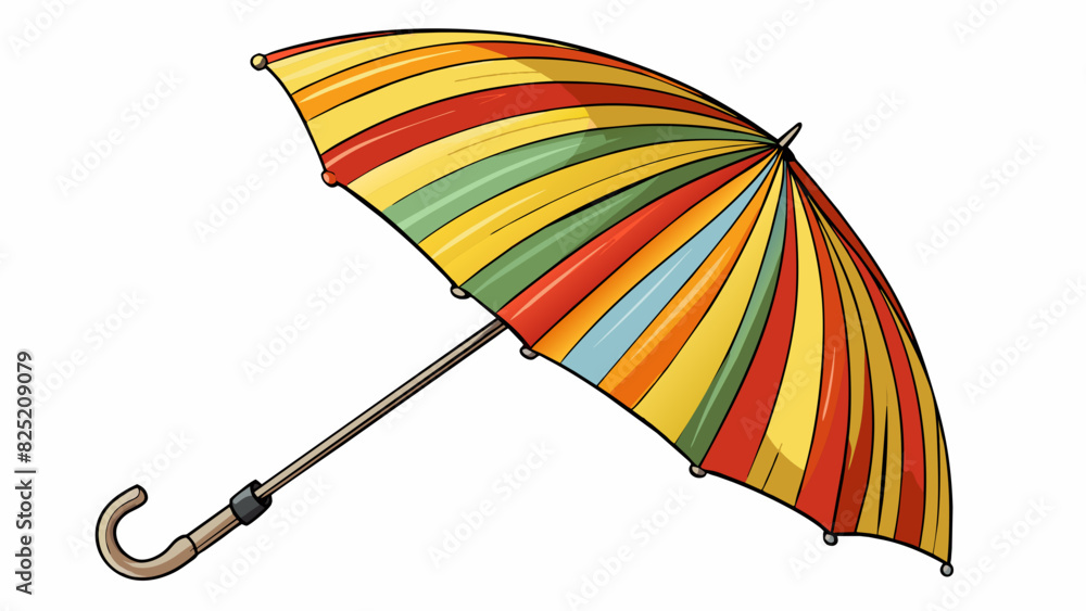 Poster the article is a colorful striped umbrella with a sy metal frame. the fabric covering is made of a w
