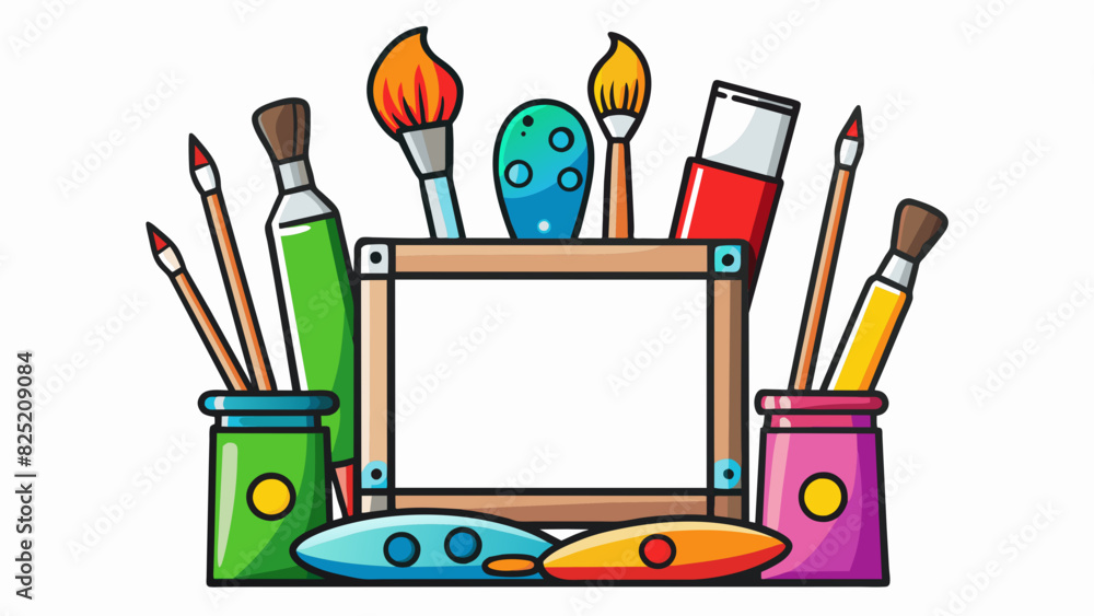 Poster The art set should include a variety of paintbrushes a set of vibrant colored paints and a blank canvas for creative expression.. Cartoon Vector.