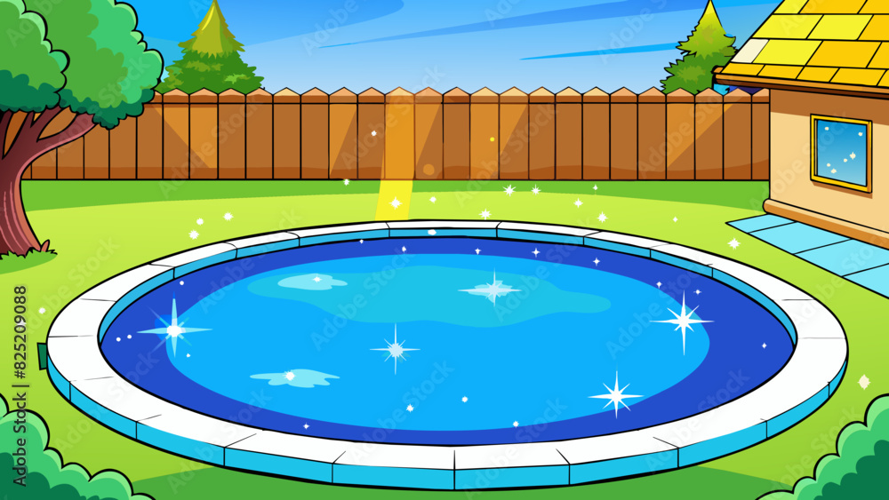 Poster The backyard pool was a sparkling oasis in the scorching heat its turquoise water inviting all to take a refreshing dip.. Cartoon Vector.
