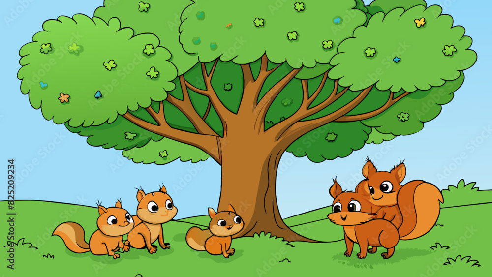 Poster The bright green leaves of a tree rustle gently in the breeze providing shade and shelter to a group of playful squirrels.. Cartoon Vector.