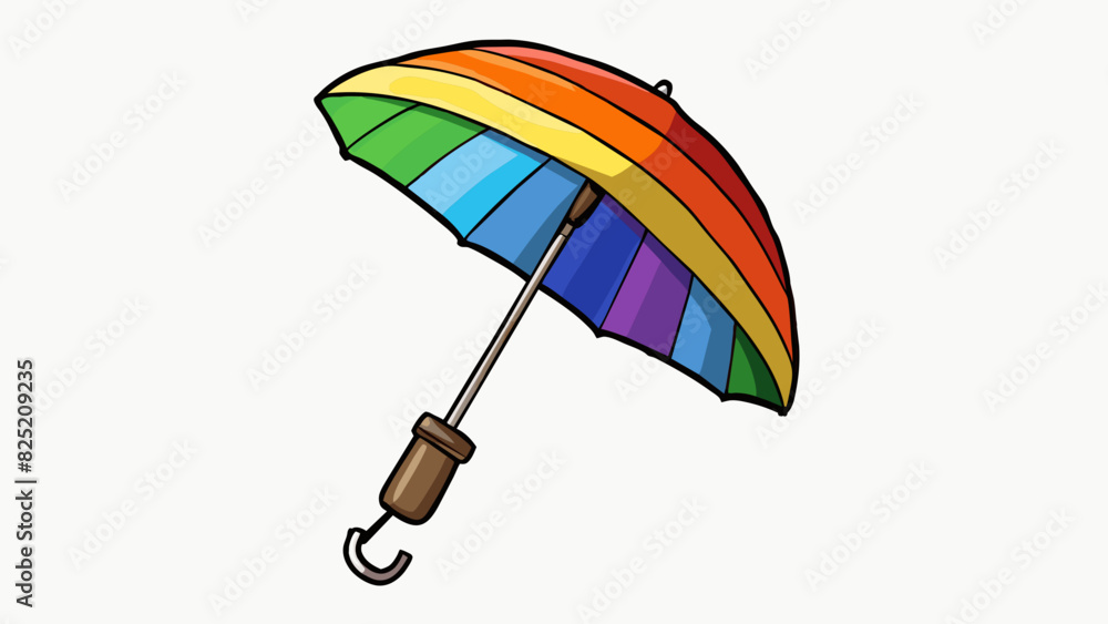 Poster The bring is a compact umbrella with a rainbowcolored canopy and a lightweight black handle. Its sy construction and automatic openclose button make. Cartoon Vector.