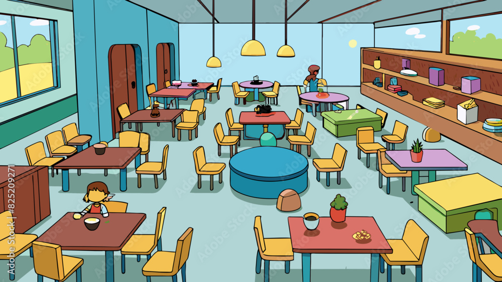 Poster The cafeteria is a hub of activity with colorful tables and chairs arranged in a chaotic yet welcoming pattern. The smell of freshly brewed coffee and. Cartoon Vector.