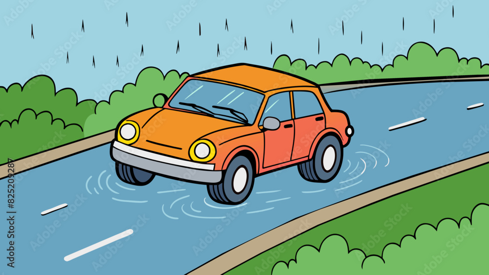 Aufkleber the cars tires skidded on the wet lowlying road as heavy rain poured down from above. the driver cou