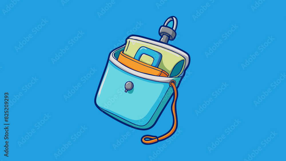 Aufkleber The case was a thin lightweight pouch made of waterproof material. It had a drawstring closure and could be folded into a small compact size. Inside. Cartoon Vector.