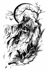 Grim Reaper Skeleton Holding Scythe Drawing
