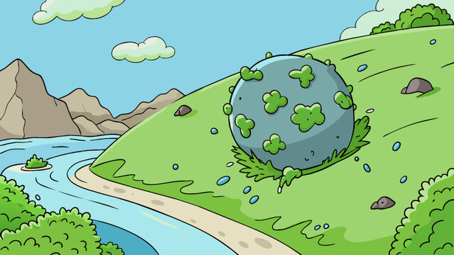 The boulder covered in slick green moss caused a loud thud as it tumbled down the hillside and crashed into the river below.. Cartoon Vector.