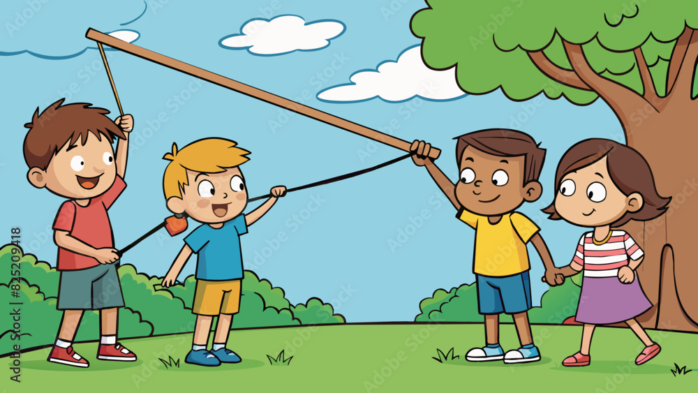 Poster the children eagerly took turns tossing the frayed letout rope over the sy tree branch creating the 