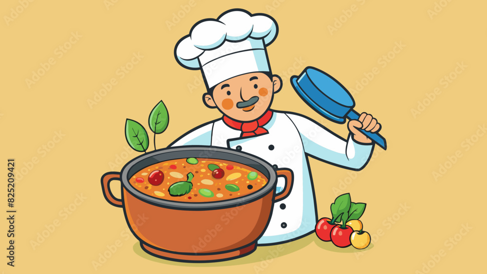 Poster the chef lifted the lid of the pot and revealed a steaming bowl of hearty vegetable soup. chunks of 