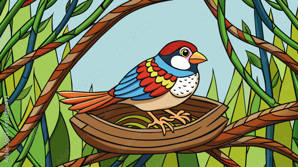 Aufkleber The colorful sparrow built its nest in the established branches of the willow tree its intricate weaving a testament to its wellpracticed skill.. Cartoon Vector.