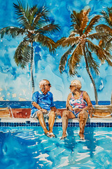 Watercolor drawing of an elderly couple enjoying a sunny day by pool at a tropical resort. They sit on edge of the pool with their feet in the water, surrounded by lush palm trees and clear blue sky.